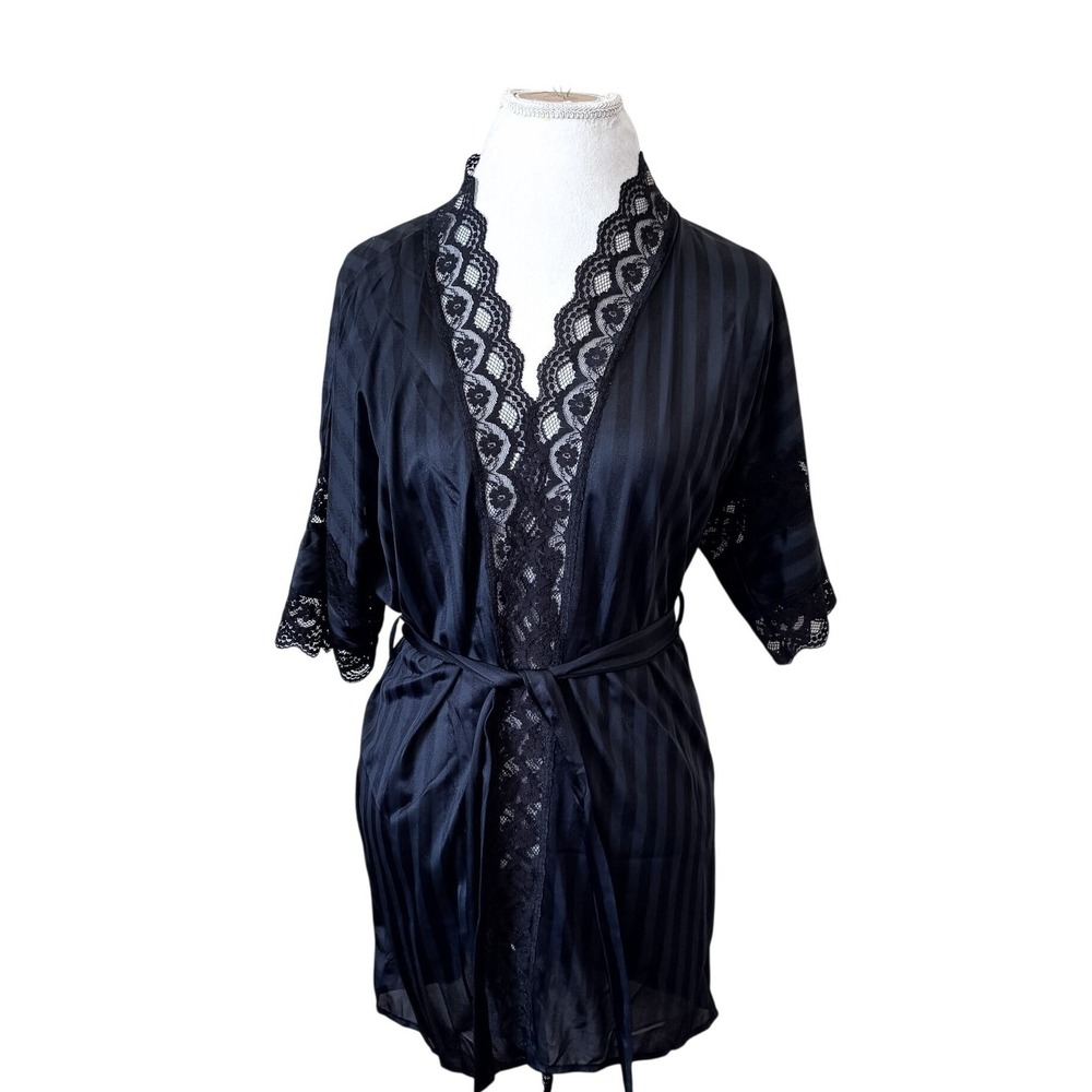 Fredericks of Hollywood Womens Vintage Lace Trim Wrap Robe Medium Black Striped